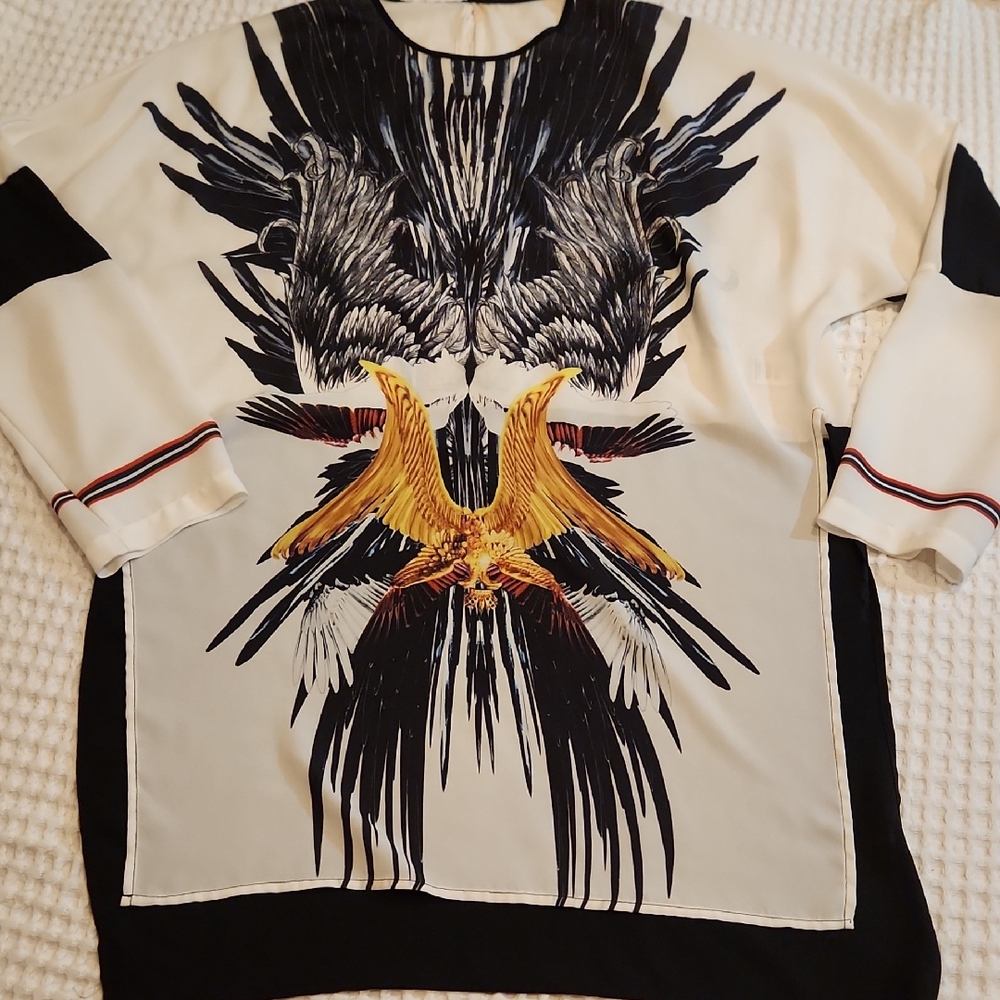 Clover Canyon Cream Blouse with Black and Gold Eagle Graphic Sz MED